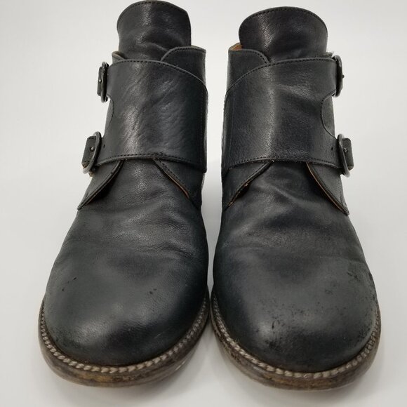 P Monjo Size 6 Black Leather Double Monkstrap Ankle Boots Moto Booties Goth - Picture 4 of 12